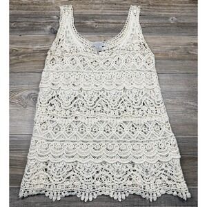 Solitaire Crochet Lace Beige Cotton Tank Coverup MED Beach Boho Resort Beach
